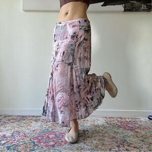 90s vintage soft girl pink abstract coquette mesh flowy midi skirt